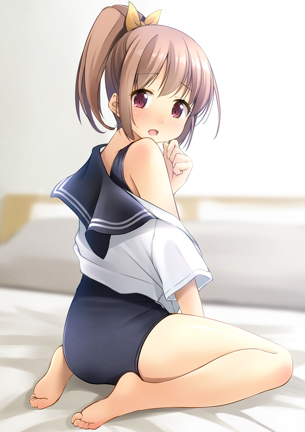 1girl ass bangs bare_legs barefoot bed_sheet black_sailor_collar blue_swimsuit blurry blurry_background blush brown_hair commentary_request depth_of_field eyebrows_visible_through_hair full_body hair_ribbon hand_up high_ponytail highres looking_at_viewer looking_back off_shoulder one-piece_swimsuit open_mouth original ponytail red_eyes ribbon sailor_collar school_swimsuit school_uniform serafuku shibacha shirt short_sleeves sitting soles solo swimsuit swimsuit_under_clothes wariza white_shirt yellow_ribbon