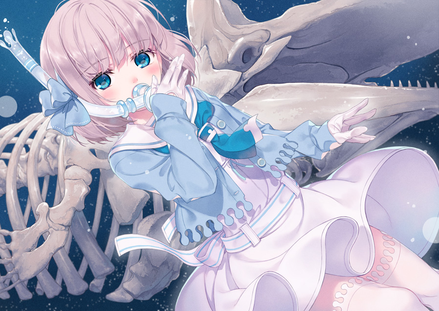 amamiya_chiharu blue_eyes bow dress fossil gloves hair_bow original pink_hair sailor_collar short_hair snorkel thigh-highs white_dress white_gloves white_legwear