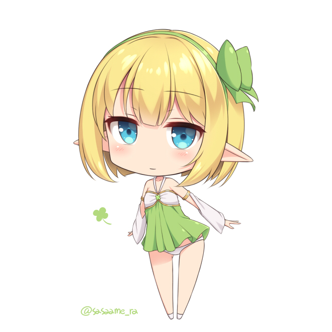 1girl :| blonde_hair blue_eyes blush bob_cut bow bow_hairband chibi closed_mouth detached_sleeves dress full_body green_bow green_dress green_hairband hair_bow hairband long_sleeves looking_at_viewer medium_hair original panties pointy_ears sasaame short_dress simple_background solo twitter_username underwear white_background white_panties
