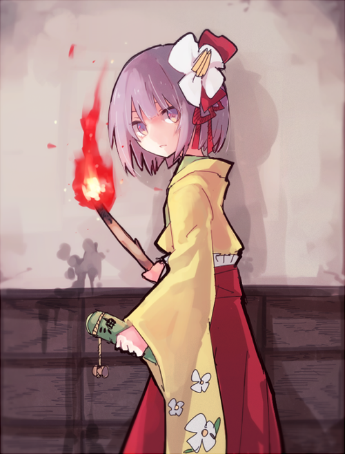 1girl feet_out_of_frame fire floral_print flower hair_flower hair_ornament hieda_no_akyuu japanese_clothes kimono long_skirt lying on_side outdoors purple_hair red_skirt scroll serious shiroshi_(denpa_eshidan) short_hair skirt solo torch touhou wall yellow_kimono