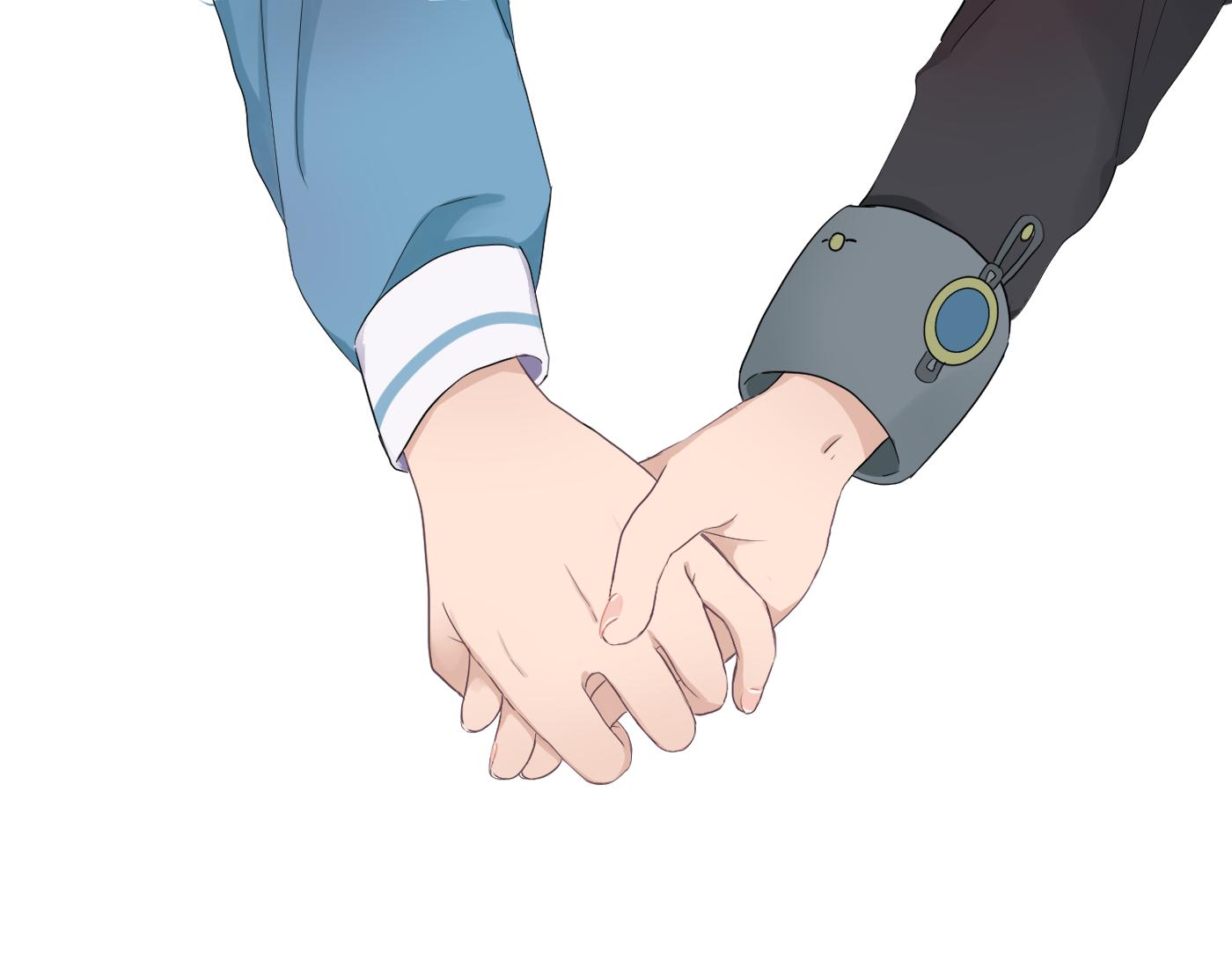 2girls black_sleeves blue_sleeves chabashira_tenko dangan_ronpa_(series) dangan_ronpa_v3:_killing_harmony hands holding_hands long_sleeves multiple_girls overine19 simple_background white_background yumeno_himiko yuri