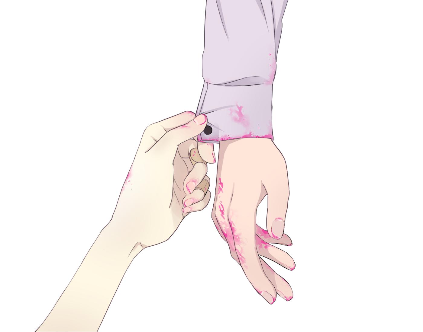 1boy 1girl bandaid bandaid_on_hand bare_arms blood bloody_clothes bloody_hands close-up dangan_ronpa_(series) dangan_ronpa_v3:_killing_harmony hands harukawa_maki long_sleeves momota_kaito overine19 pink_blood