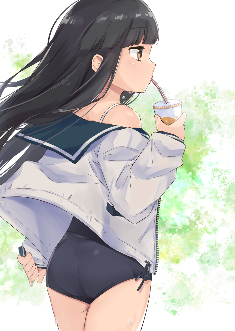 1girl aoshima_sakana bangs black_hair blunt_bangs blush brown_eyes commentary_request cowboy_shot cup drinking_straw eyebrows_visible_through_hair hatsuyuki_(kancolle) hime_cut kantai_collection long_hair long_sleeves one-piece_swimsuit sailor_collar school_swimsuit simple_background solo swimsuit swimsuit_under_clothes