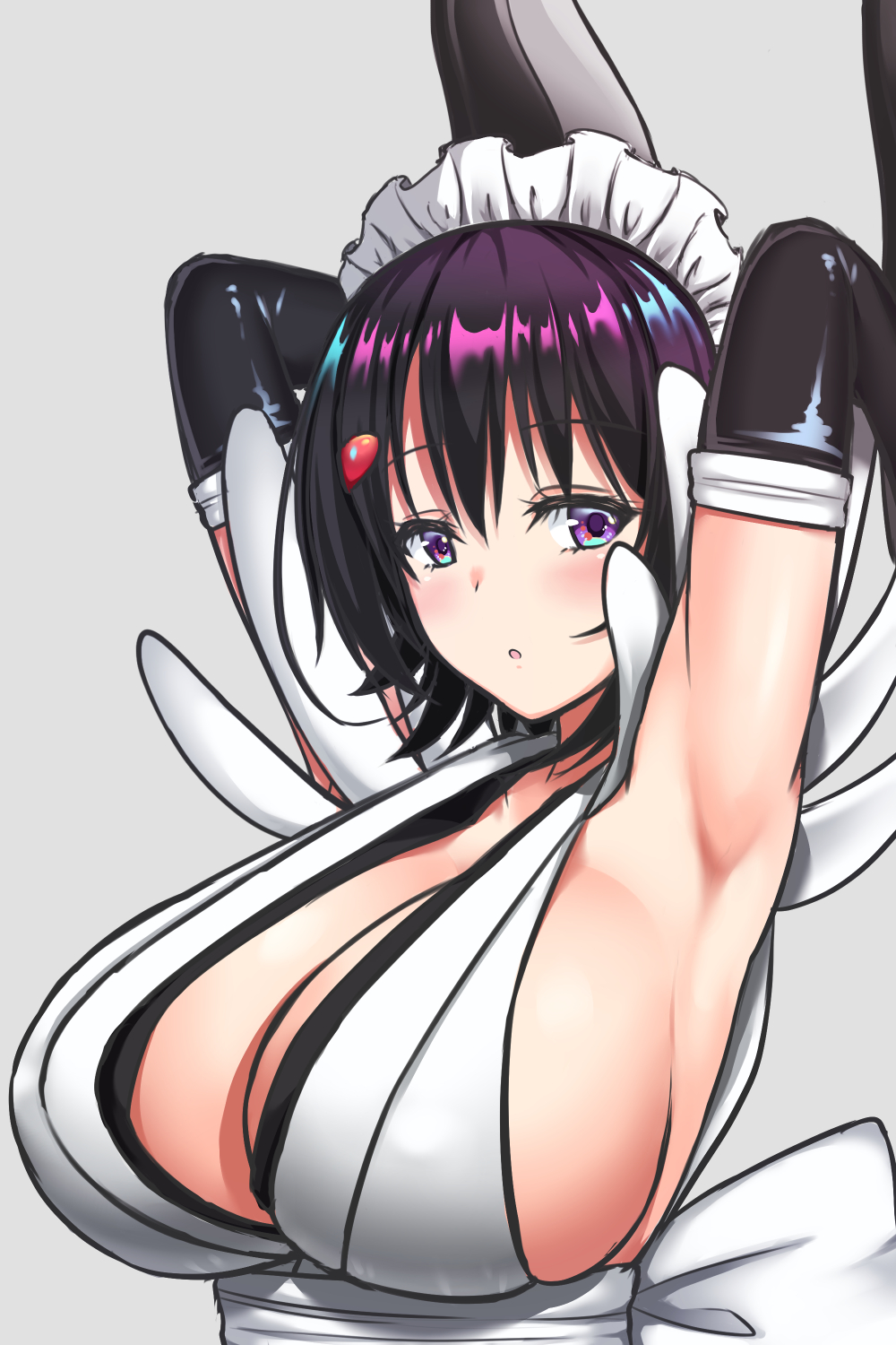 1girl arm_up armpits arms_around_neck arms_behind_head arms_up bangs black_hair blade blush breasts butterfly_swords eyebrows_visible_through_hair flipped_hair highres huge_breasts iroha_(samurai_spirits) koidora large_breasts looking_at_viewer maid maid_headdress maid_leotard pose samurai_spirits sideboob simple_background solo