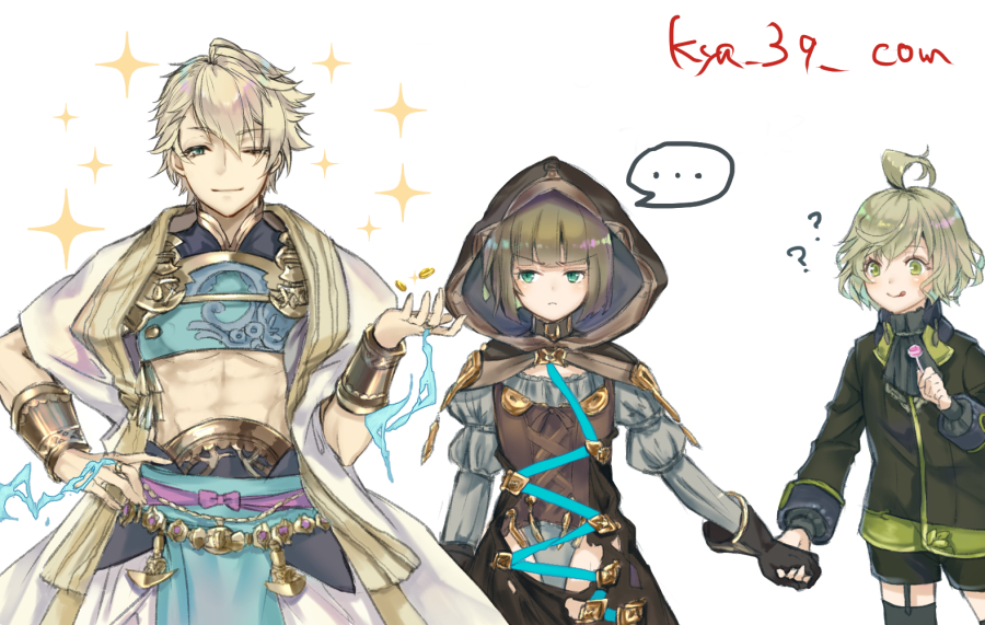 3boys ? ahoge aladdin_(sinoalice) armor bangs blonde_hair blue_eyes blunt_bangs bob_cut breastplate brown_hair candy choker closed_mouth clueless food green_eyes green_hair gretel_(sinoalice) holding holding_candy holding_food holding_hands hood hood_up jacket jealous kyashii_(a3yu9mi) lollipop looking_at_another looking_at_viewer male_focus multicolored_hair multiple_boys otoko_no_ko pinocchio_(sinoalice) short_hair shorts signature simple_background sinoalice smile sparkle thigh-highs twitter_username two-tone_hair white_background zettai_ryouiki