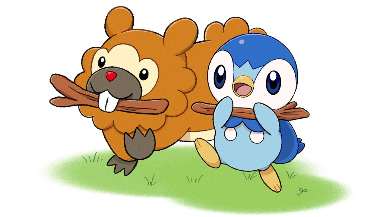 :d bidoof black_eyes blue_eyes commentary_request creature fangs gen_4_pokemon grass holding holding_stick mouth_hold no_humans official_art open_mouth piplup pokemon pokemon_(creature) prj_pochama smile standing starter_pokemon stick tongue walking white_background