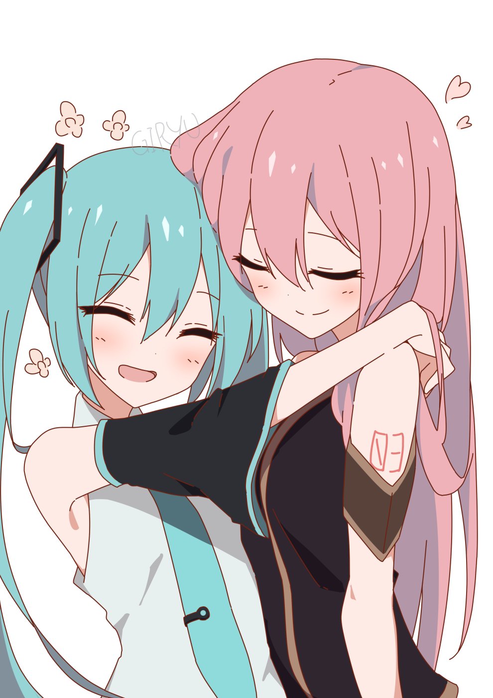 2girls aqua_hair aqua_neckwear armband artist_name bare_shoulders black_shirt black_sleeves closed_eyes commentary detached_sleeves flower giryu grey_shirt hair_ornament hatsune_miku highres hug long_hair megurine_luka multiple_girls necktie open_mouth pink_hair shirt shoulder_tattoo sleeveless sleeveless_shirt smile tattoo twintails upper_body very_long_hair vocaloid white_background yuri