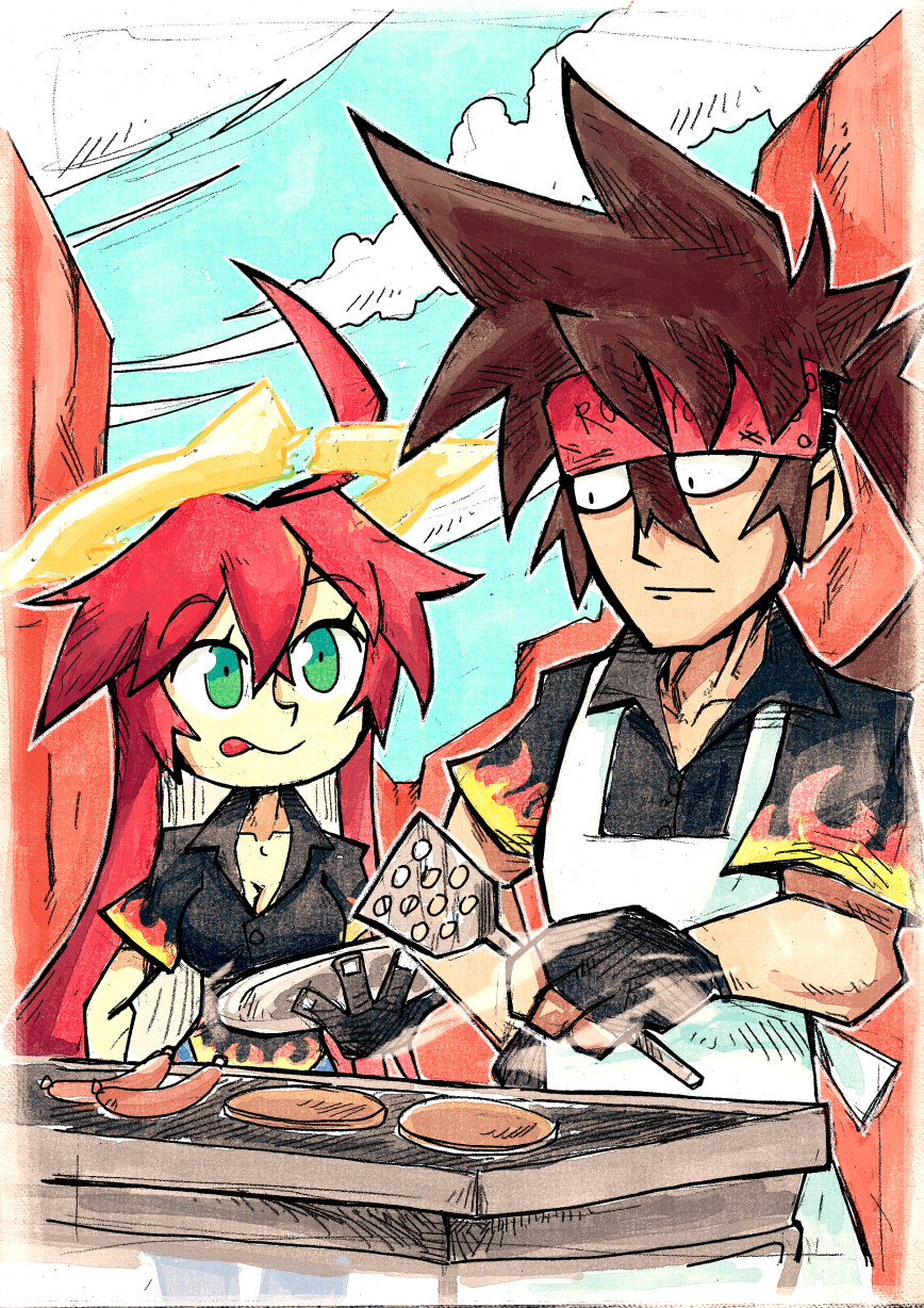 1boy 1girl ahoge brown_hair cooking fingerless_gloves forehead_protector gloves green_eyes grill guilty_gear guilty_gear_strive halo highres jack-o'_valentine long_hair multicolored_hair redhead setz sol_badguy two-tone_hair