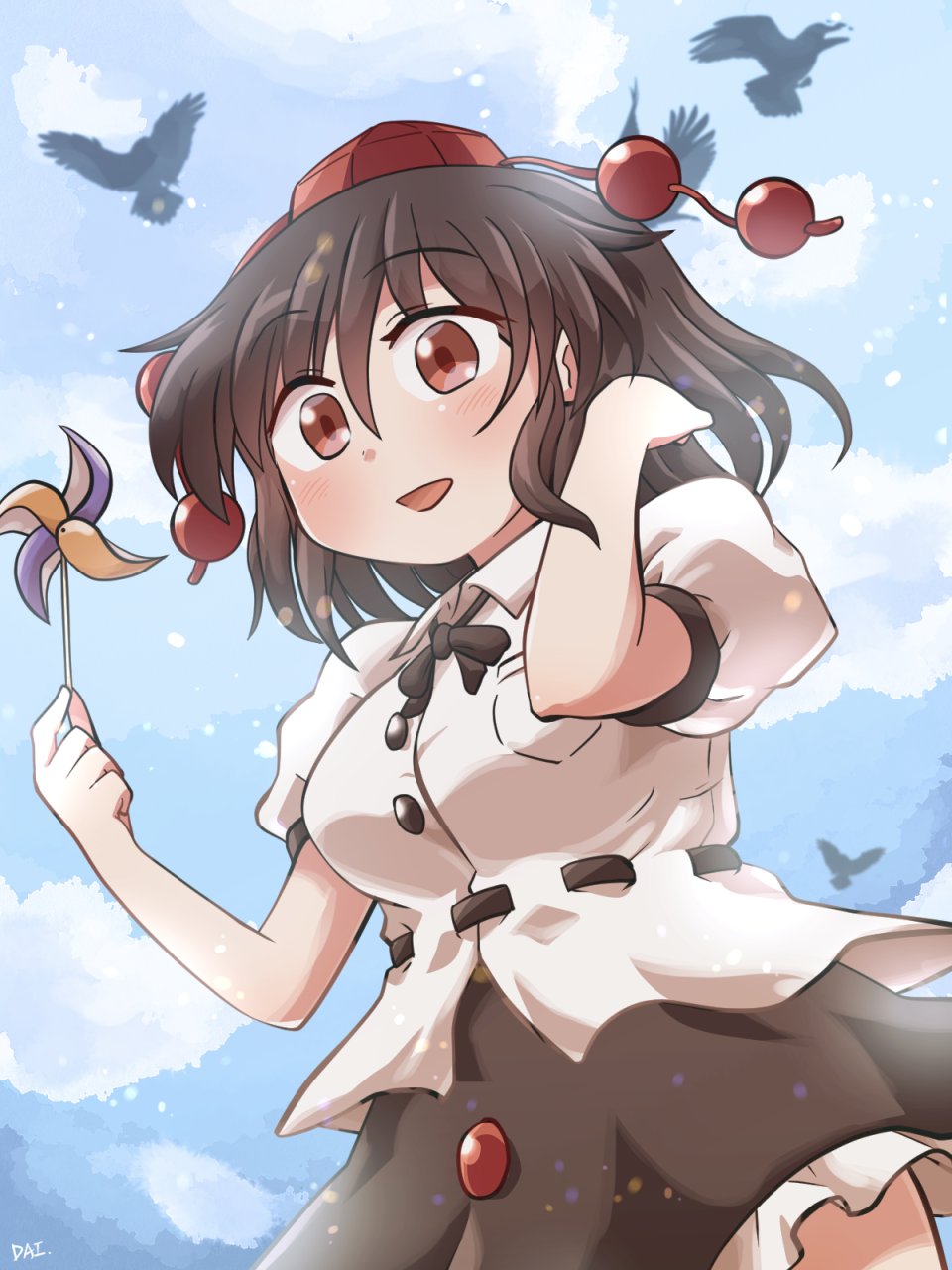 1girl :d bangs bird black_bow black_hair black_neckwear black_skirt blue_sky bow bowtie breasts buttons crow eyebrows_visible_through_hair hair_between_eyes hat highres holding looking_at_viewer medium_breasts open_mouth outdoors paper_windmill red_eyes red_headwear rokugou_daisuke shameimaru_aya shirt short_hair short_sleeves signature skirt sky smile solo standing tokin_hat touhou white_shirt