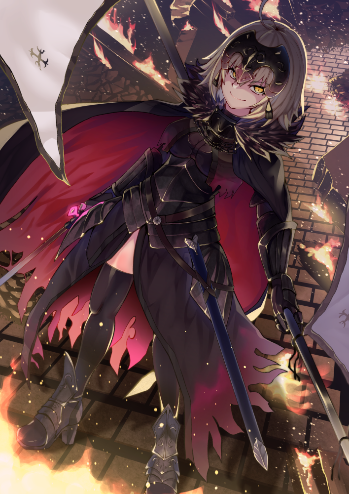 1girl ahoge anemone_noa armor armored_dress bangs black_dress black_legwear blonde_hair cloak dress eyebrows_behind_hair eyebrows_visible_through_hair fate/grand_order fate_(series) fire flag floor headpiece holding holding_flag holding_sword holding_weapon jeanne_d'arc_(alter)_(fate) jeanne_d'arc_(fate)_(all) looking_at_viewer short_hair smile solo standing stone_floor sword thigh-highs weapon yellow_eyes