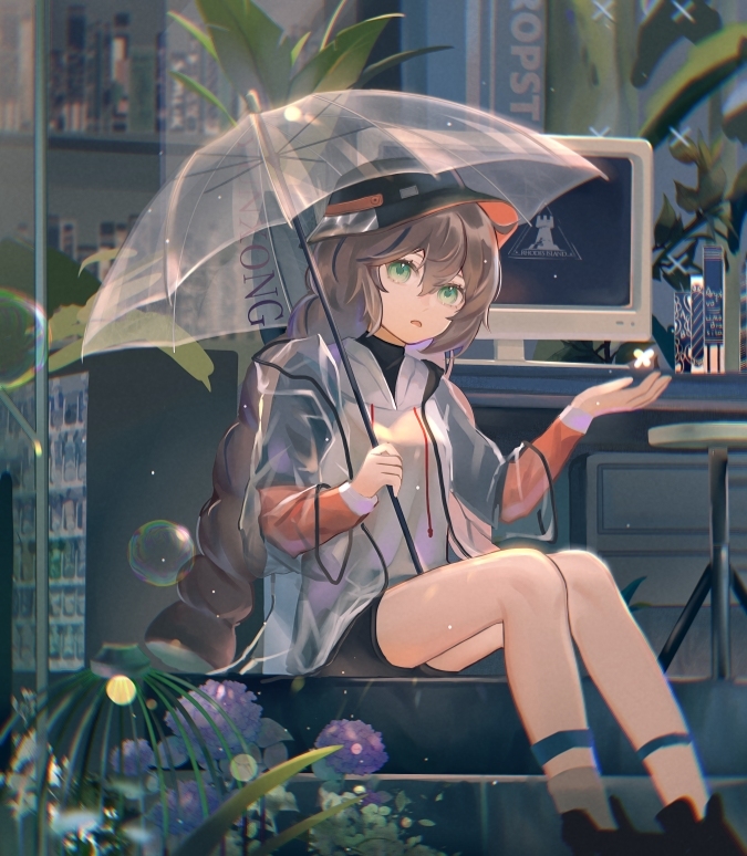 1girl arknights bangs black_footwear black_headwear brown_hair bubble cuora_(arknights) cuora_(quadrangle)_(arknights) feet_out_of_frame flower green_eyes hair_between_eyes hand_up hat holding holding_umbrella hood hood_down hooded_jacket jacket long_hair long_sleeves looking_at_viewer monitor official_alternate_costume open_clothes open_mouth plant raincoat rhodes_island_logo see-through shoes shorts sidelocks sitting socks solo thighs umbrella white_footwear white_jacket yunxing_qiepian