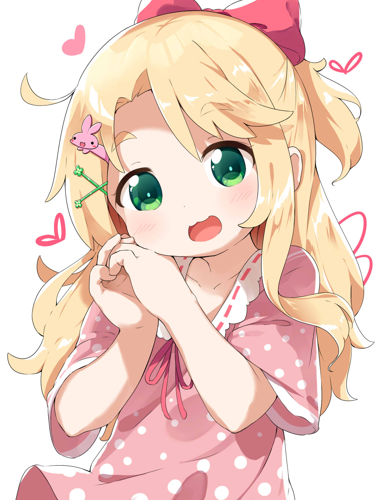 1girl :d bangs blonde_hair blush bow collarbone commentary_request dress green_eyes hair_bow hair_ornament hands_together hands_up heart highres himesaka_noa looking_at_viewer makuran open_mouth own_hands_together parted_bangs pink_dress polka_dot polka_dot_dress ponytail red_bow short_eyebrows short_sleeves simple_background smile solo thick_eyebrows watashi_ni_tenshi_ga_maiorita! white_background x_hair_ornament