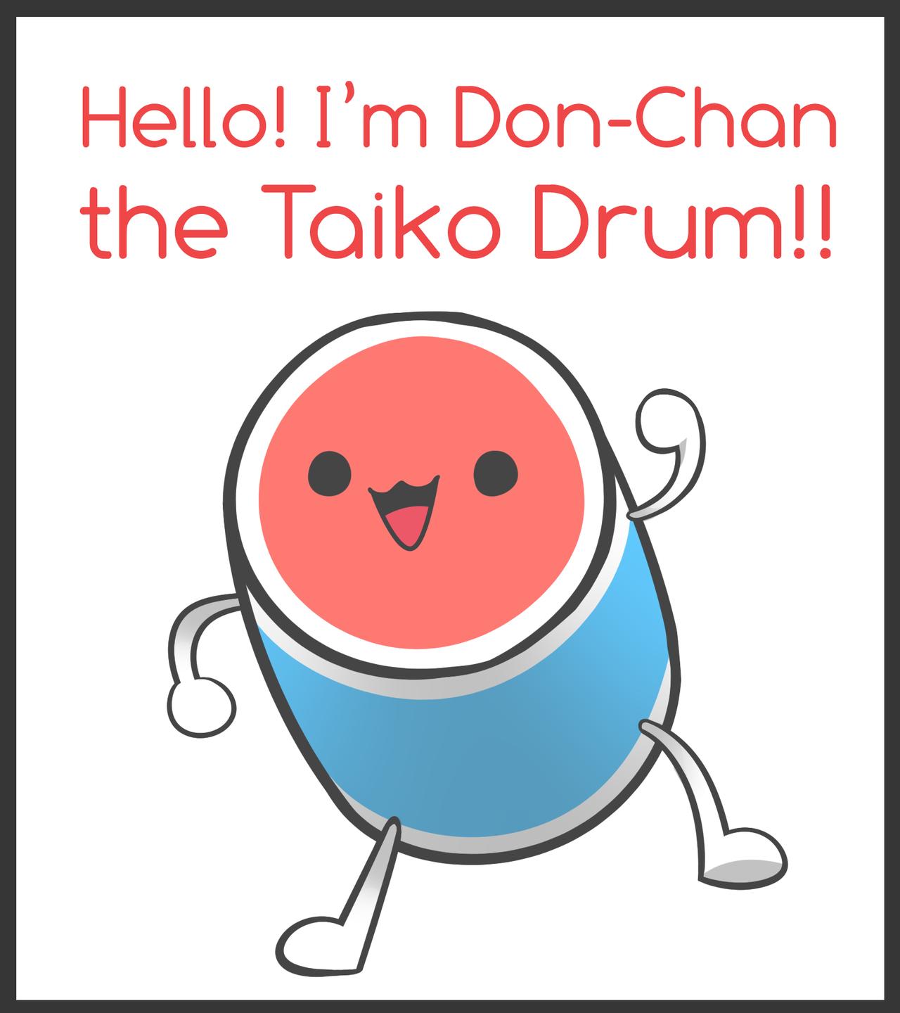 :3 arm_up black_border black_eyes blank_eyes border character_name drum english_text full_body happy highres instrument jpeg_artifacts kaips looking_at_viewer no_humans open_mouth simple_background sketch smile solid_circle_eyes solo standing taiko_drum taiko_no_tatsujin talking wada_don white_background