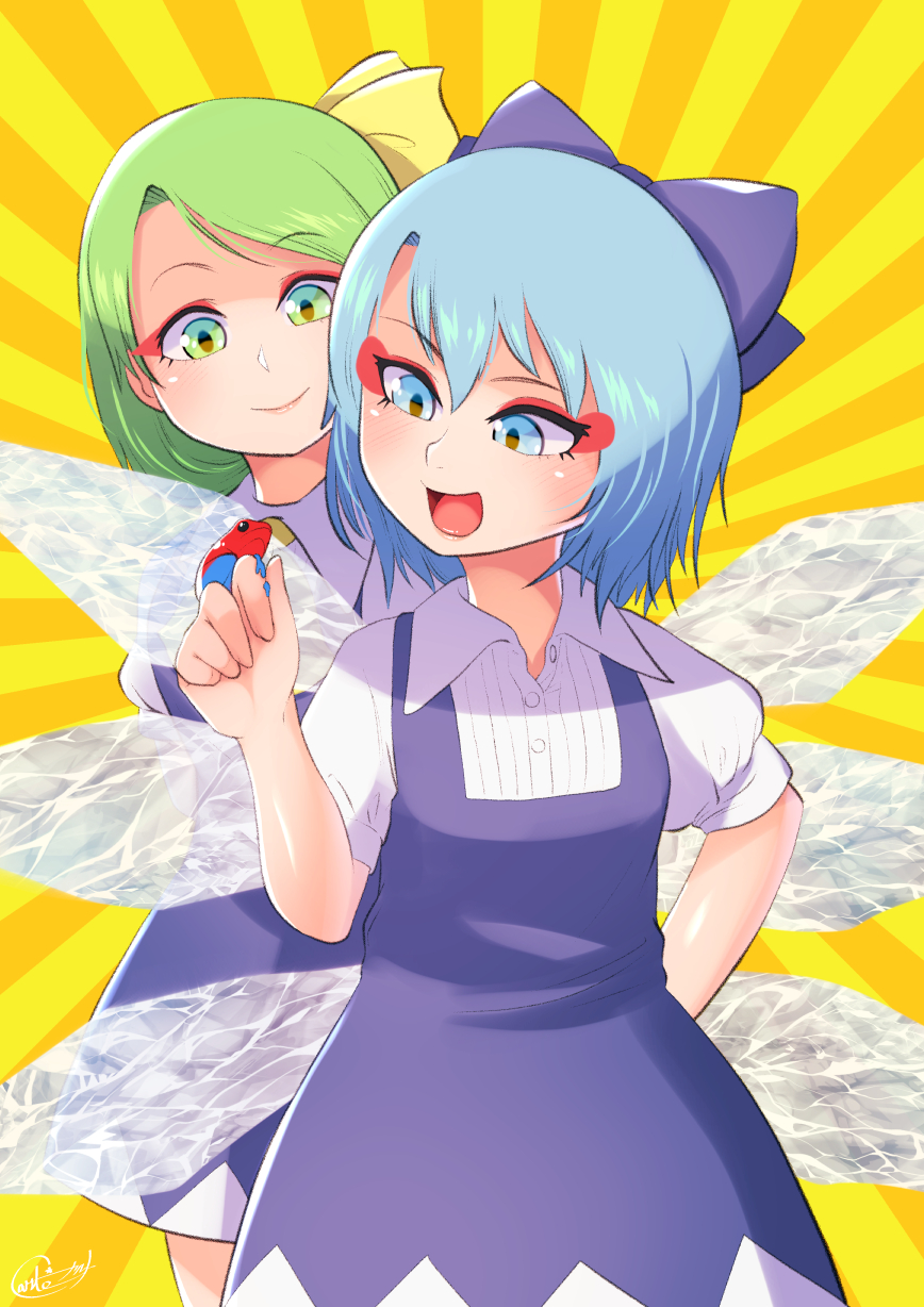 2girls blouse blue_dress blue_eyes blue_hair bow carte cirno collared_shirt daiyousei dress frog green_eyes green_hair hair_bow hair_ribbon highres ice ice_wings multiple_girls on_finger open_mouth puffy_short_sleeves puffy_sleeves ribbon shirt short_hair short_sleeves smile touhou white_blouse wings