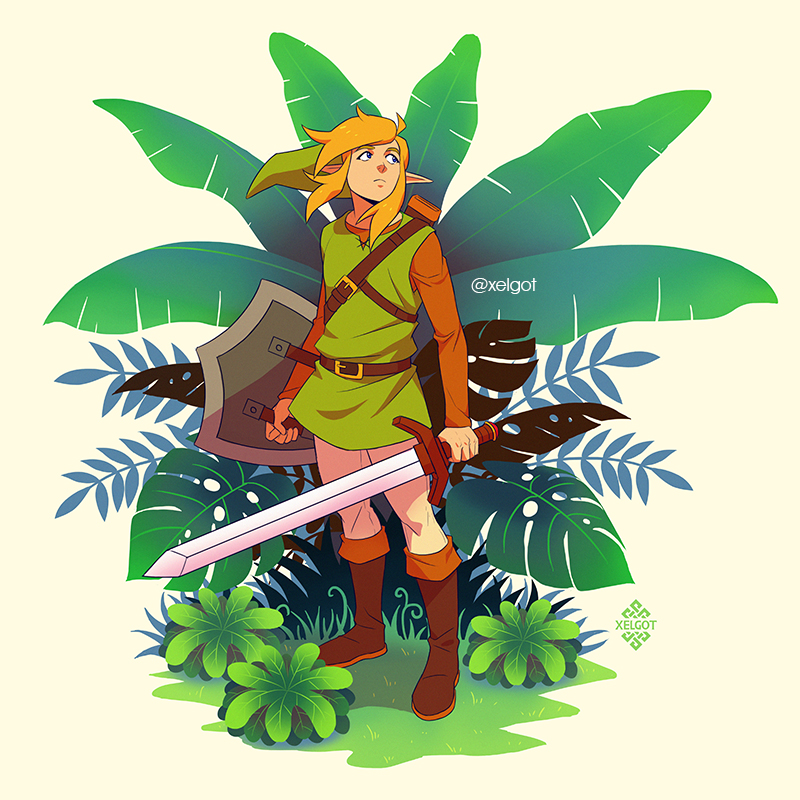 1boy artist_name bangs blonde_hair blue_eyes boots brown_footwear brown_pants brown_shirt full_body green_headwear green_shirt holding holding_shield holding_sword holding_weapon knee_boots link long_sleeves looking_up male_focus medium_hair pants plant pointy_ears shield shirt solo standing sword the_legend_of_zelda the_legend_of_zelda:_link's_awakening tunic weapon xelgot
