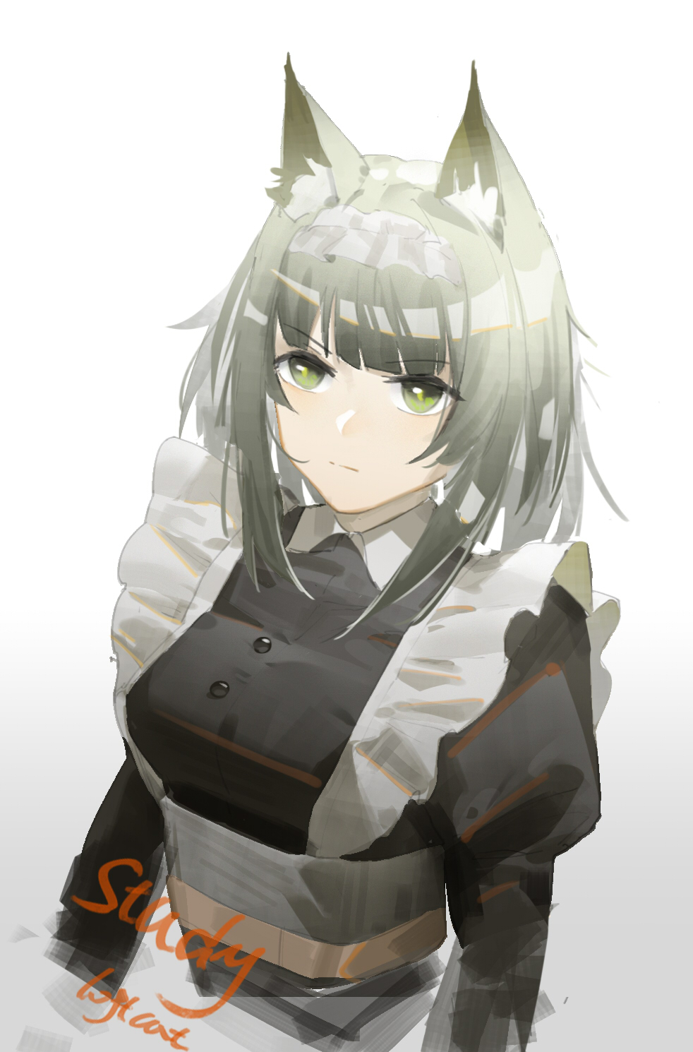 1girl animal_ear_fluff apron arknights artist_name black_shirt breasts closed_mouth collar commentary english_commentary english_text eyebrows_visible_through_hair frown green_eyes green_hair highres juliet_sleeves kal'tsit_(arknights) loftcat long_sleeves looking_at_viewer lynx_ears maid maid_apron maid_headdress medium_breasts medium_hair puffy_sleeves shiny shiny_hair shirt simple_background solo upper_body white_background white_collar