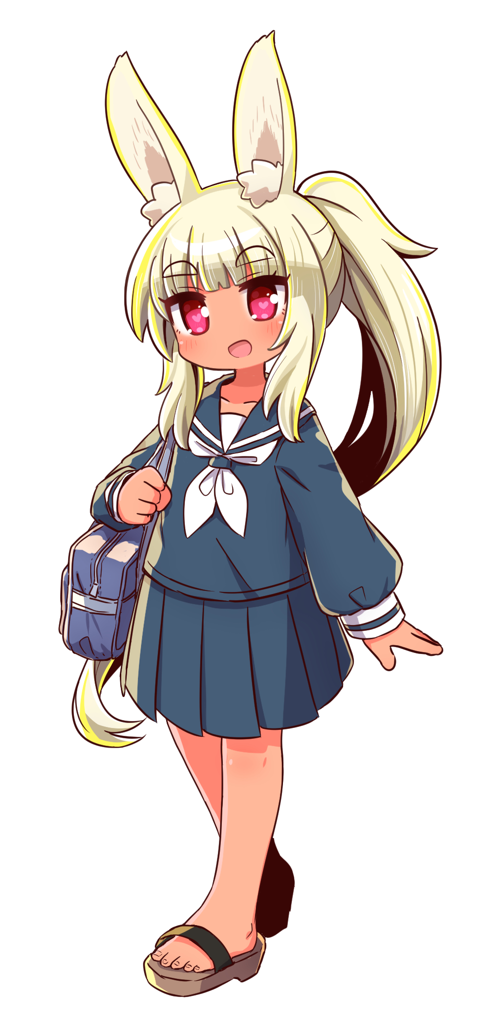 1girl :d animal_ear_fluff animal_ears bag bangs blonde_hair blue_sailor_collar blue_serafuku blue_shirt blue_skirt brown_footwear eyebrows_visible_through_hair full_body heart heart-shaped_pupils highres long_hair long_sleeves looking_at_viewer masurao_(sekaiju) naga_u neckerchief open_mouth pleated_skirt ponytail puffy_long_sleeves puffy_sleeves rabbit_ears sailor_collar sandals school_bag sekaiju_no_meikyuu sekaiju_no_meikyuu_5 shirt short_eyebrows simple_background skirt smile solo standing symbol-shaped_pupils tan thick_eyebrows very_long_hair violet_eyes white_background white_neckwear