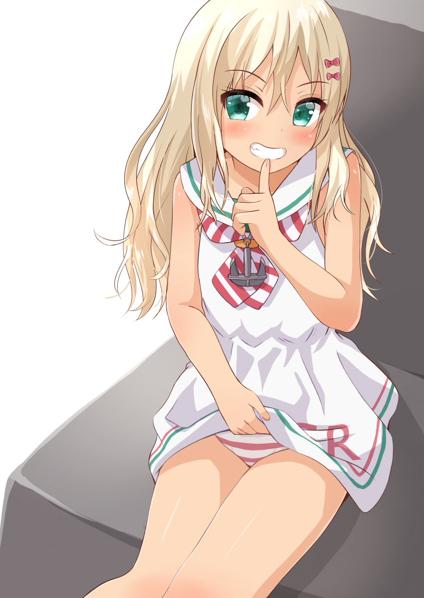 1girl anchor_necklace blonde_hair blush comiching couch dress eyebrows_visible_through_hair finger_to_mouth grecale_(kancolle) green_eyes hair_between_eyes hair_ribbon highres italian_text kantai_collection lifted_by_self long_hair looking_at_viewer panties pantyshot pink_panties ribbon sailor_collar sailor_dress side-tie_dress sitting sleeveless sleeveless_dress smile solo striped striped_neckwear underwear wavy_hair white_dress white_panties white_ribbon white_sailor_collar