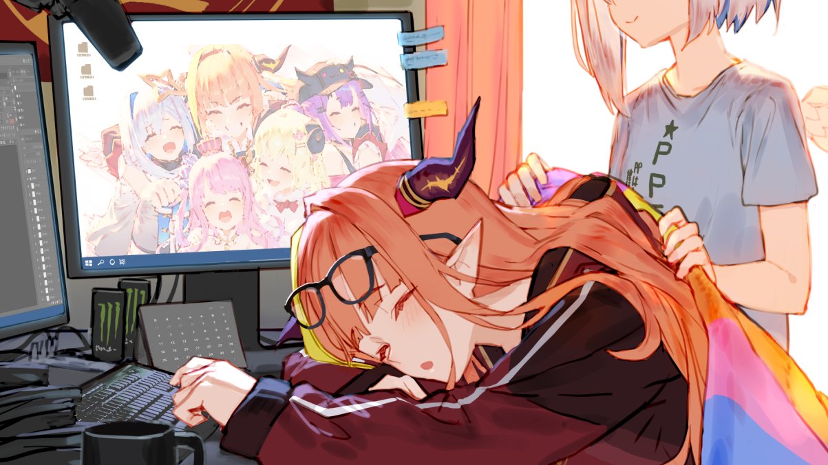 2girls amane_kanata angel_wings asymmetrical_hair black-framed_eyewear blanket blonde_hair blue_hair blush breasts closed_eyes closed_mouth commentary computer dragon_horns eyebrows_visible_through_hair eyewear_on_head glasses head_out_of_frame himemori_luna hololive horns izumi_sai jacket keyboard_(computer) kiryu_coco long_hair long_sleeves microphone monitor monster_energy multicolored_hair multiple_girls official_alternate_costume open_mouth orange_hair pointy_ears pp_tenshi_t-shirt product_placement red_jacket shirt short_hair short_sleeves silver_hair simple_background sleeping small_breasts smile sticky_note streaked_hair t-shirt tokoyami_towa track_jacket tsunomaki_watame two-tone_hair upper_body virtual_youtuber white_background wings