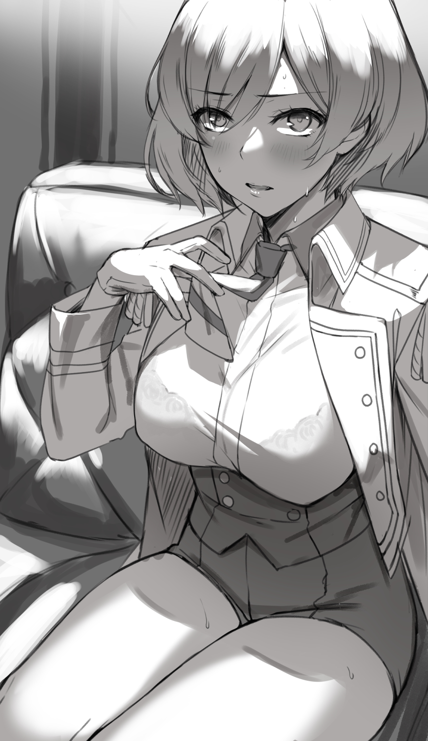 1girl bra_through_clothes breasts couch deras epaulettes gloves greyscale gridman_universe highres holding_necktie jacket looking_at_viewer monochrome mujina necktie open_clothes open_jacket short_hair shorts ssss.dynazenon sweat thighs