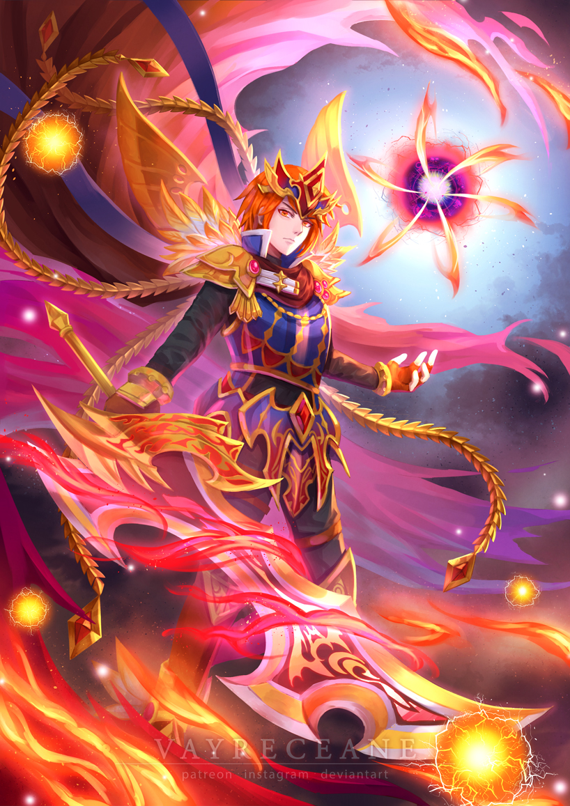 armor armored_boots boots brave_frontier crown farlon fingerless_gloves fire gloves hair_ornament holding holding_sword holding_weapon looking_at_viewer orange_hair red_eyes short_hair sword vayreceane weapon wings