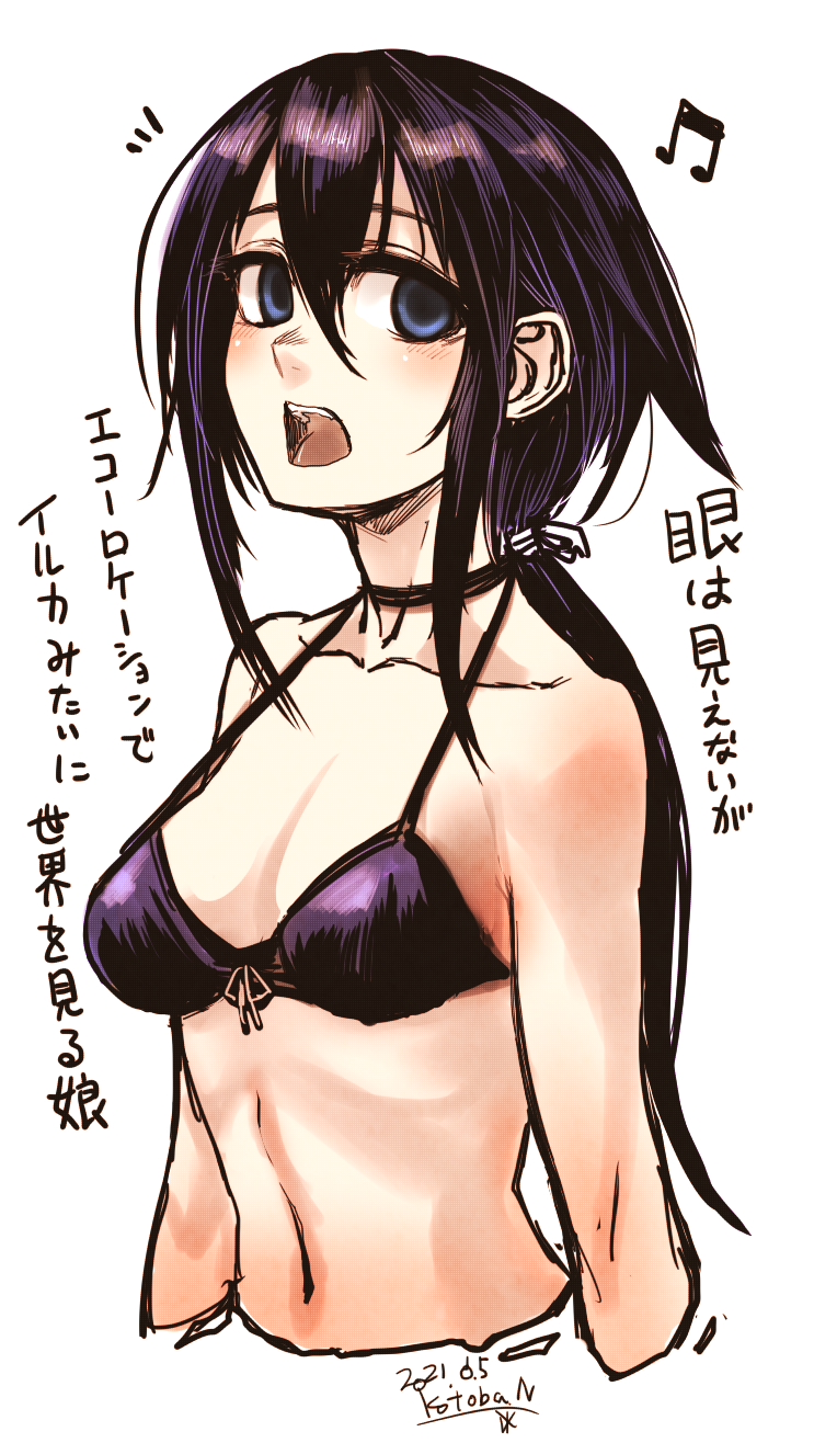 1girl bikini black_choker blue_eyes breasts choker cropped_torso dated empty_eyes hair_flaps highres kotoba_noriaki long_hair looking_at_viewer medium_breasts musical_note navel notice_lines open_mouth original ponytail purple_bikini signature simple_background solo swimsuit translation_request white_background