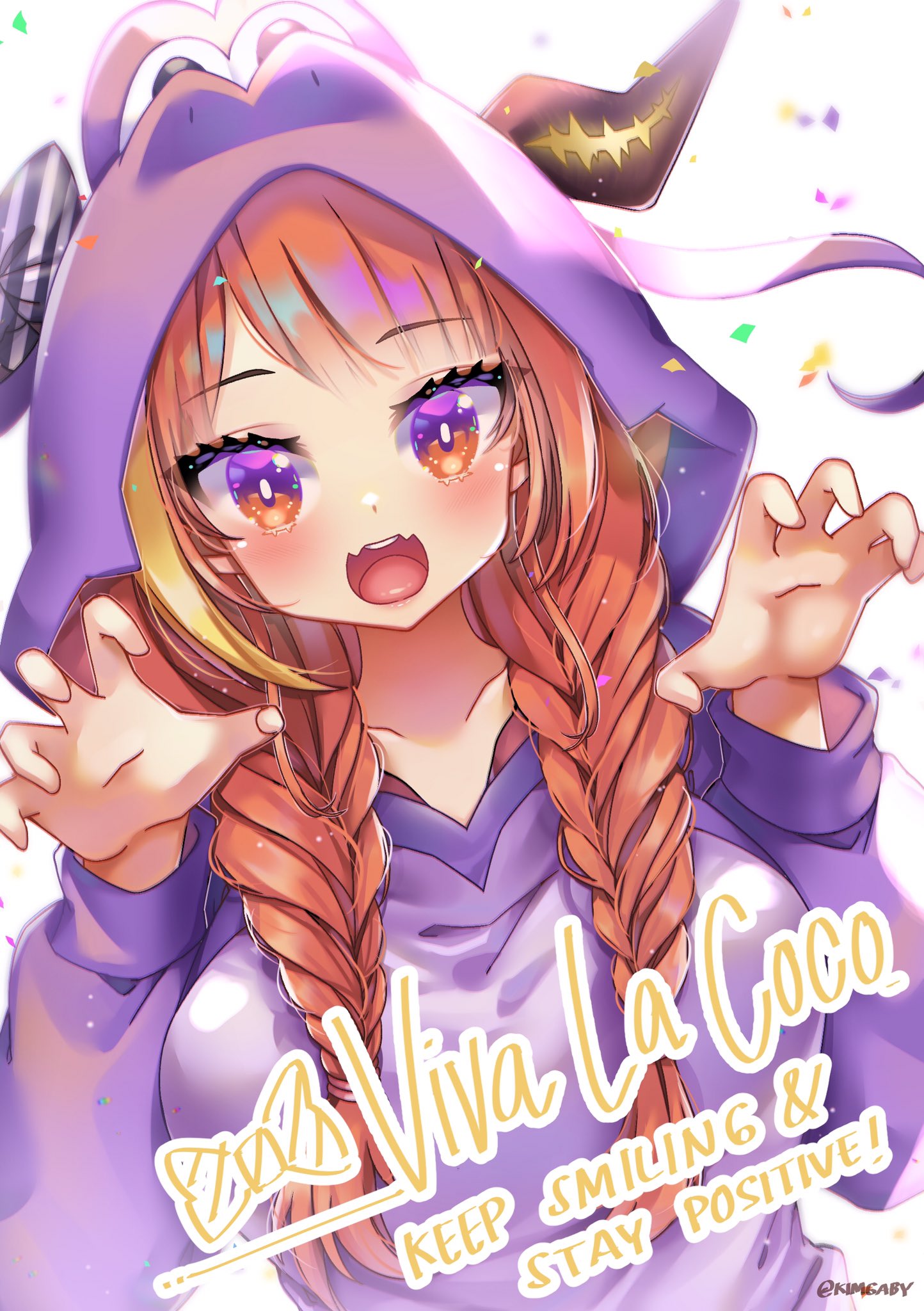 1girl animal_costume artist_name bangs braid commentary dragon_costume dragon_girl dragon_hood dragon_horns english_commentary eyebrows_visible_through_hair highres hololive hood hood_up horns kimgaby kiryu_coco looking_at_viewer open_mouth orange_hair twin_braids virtual_youtuber