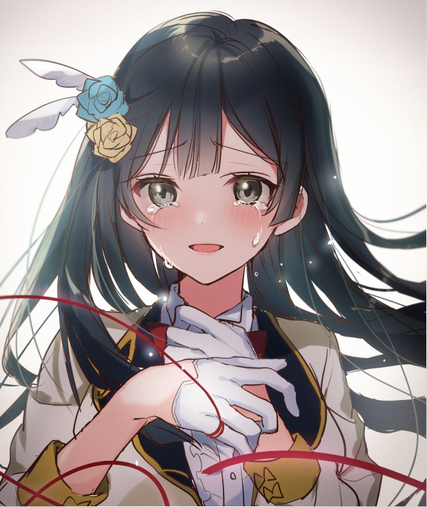 1girl bangs black_eyes black_hair blush bow bowtie collared_shirt cropped_jacket crying feather_hair_ornament feathers flower gloves grey_eyes hair_flower hair_ornament half_gloves i'll_protect_your_smile!_(love_live!) idol_clothes long_hair love_live! love_live!_nijigasaki_high_school_idol_club mizukikushou one_side_up red_neckwear shirt solo tears white_gloves white_shirt yuuki_setsuna_(love_live!)