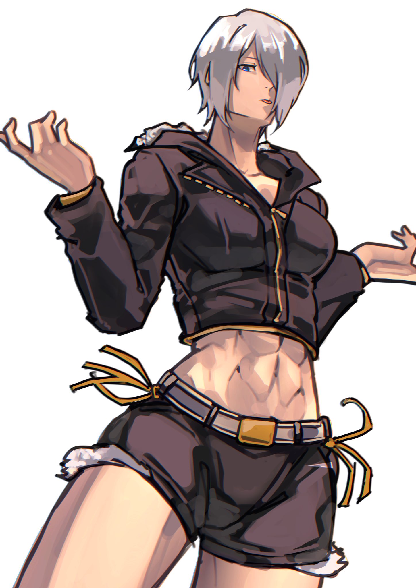 1girl abs alternate_costume angel_(kof) black_hoodie collarbone hair_over_one_eye highres hood hooded_jacket hoodie jacket long_sleeves looking_at_viewer looking_down midriff navel short_hair shorts shrugging snk solo syachiiro the_king_of_fighters the_king_of_fighters_2001 the_king_of_fighters_xiv toned white_hair