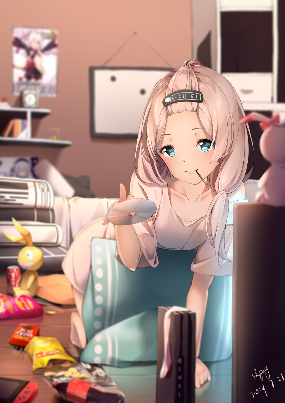 1girl 2267420264 barefoot bed blue_eyes blurry blurry_background blurry_foreground bookshelf cd chips closed_mouth doll food food_in_mouth game_console hair_ornament highres holding homu_(honkai_impact) honkai_(series) honkai_impact_3rd indoors long_hair looking_at_viewer nintendo_switch pillow playstation_4 pocky poster_(object) shirt side_ponytail smile solo television theresa_apocalypse white_hair white_shirt