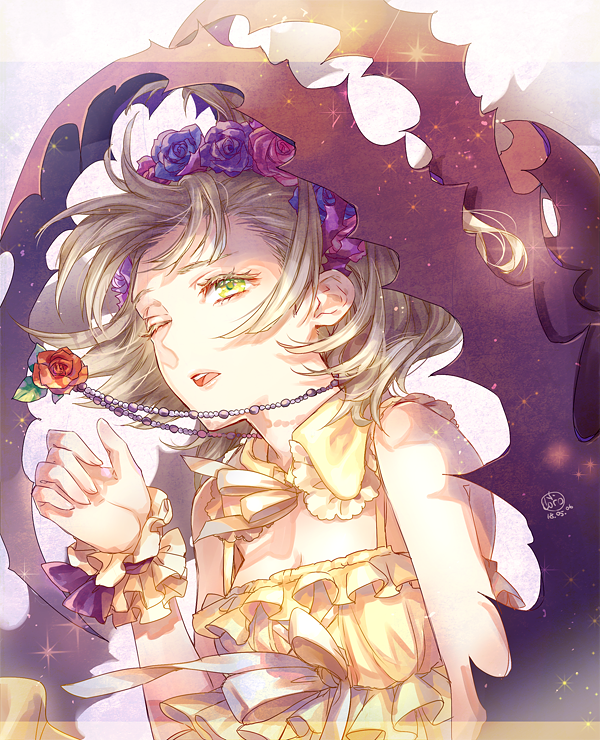 1girl blonde_hair briar_rose_(sinoalice) dr. flower frills green_eyes head_wreath jewelry looking_away necklace one_eye_closed pajamas plant ribbon short_hair signature simple_background sinoalice solo sparkle thorns tired vines wrist_cuffs