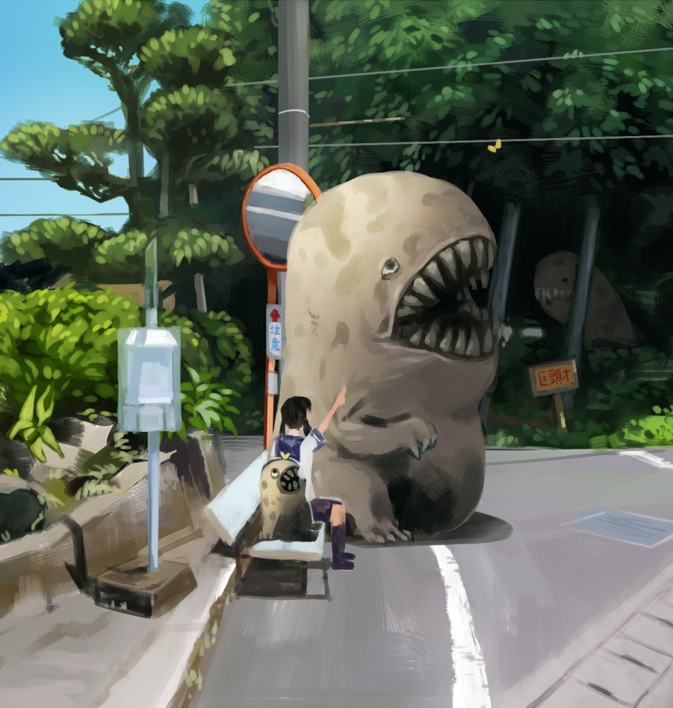 1girl arm_up bench black_hair blue_sailor_collar blue_sky creature okbnkn original road sailor_collar shadow sharp_teeth shirt short_sleeves sky teeth traffic_mirror tree twintails white_shirt