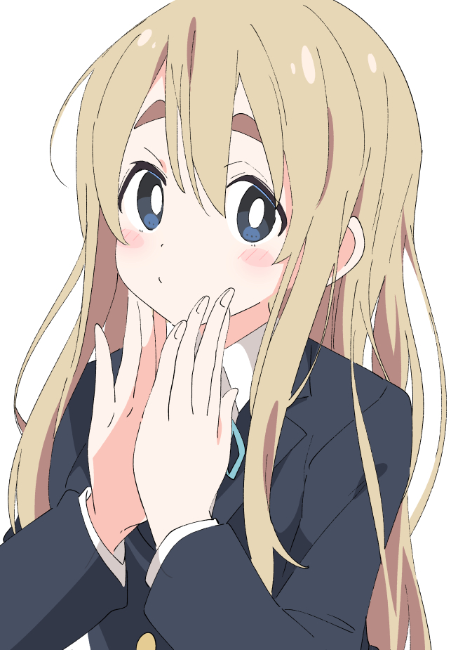 1girl blonde_hair blue_eyes blush_stickers ixy k-on! kotobuki_tsumugi long_hair long_sleeves looking_at_viewer sakuragaoka_high_school_uniform school_uniform simple_background solo thick_eyebrows upper_body white_background