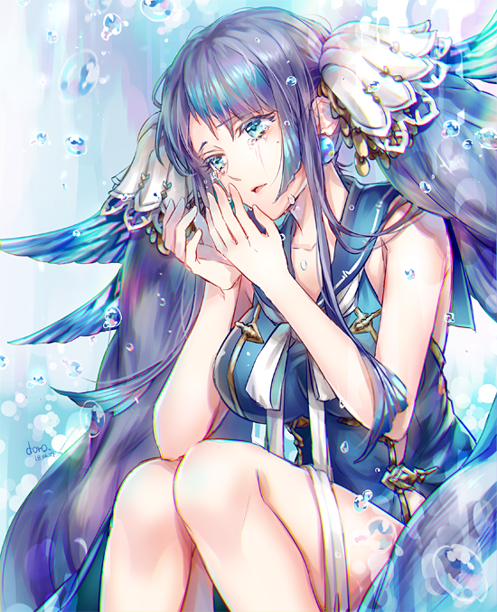 1girl blue_eyes blue_hair breasts bubble crying dr. earrings fins hair_ornament jewelry large_breasts long_hair looking_at_hand ningyo_hime_(sinoalice) open_mouth ribbon sad sinoalice sitting solo tears twintails very_long_hair