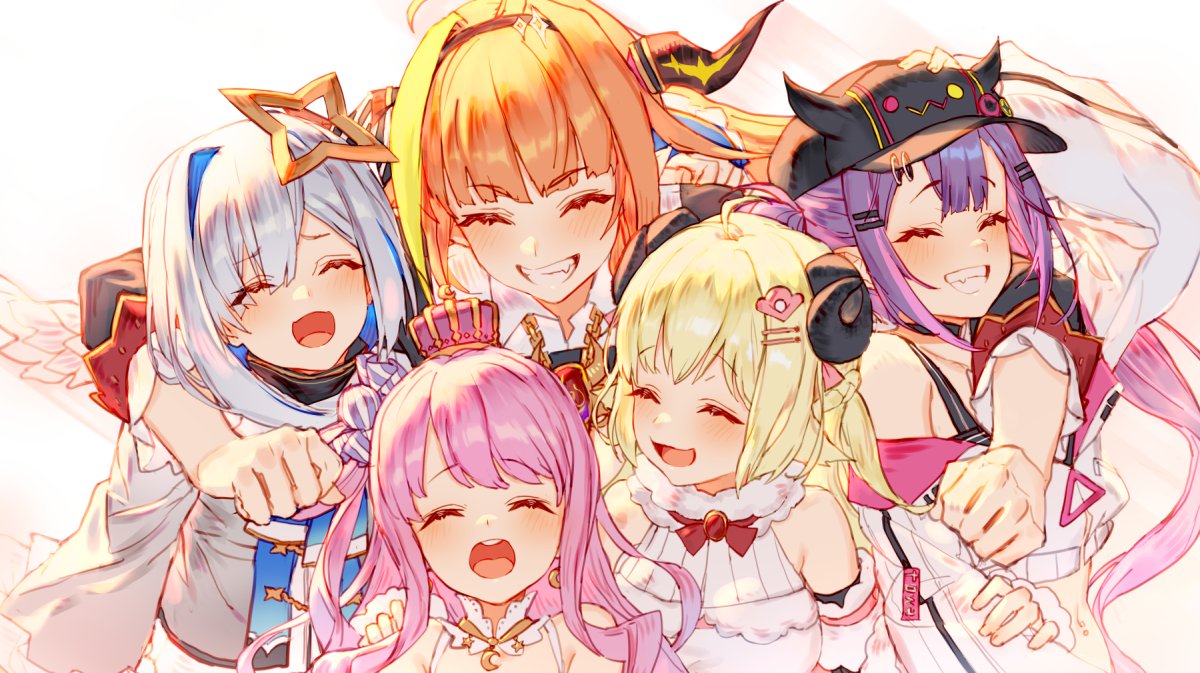 5girls ahoge amane_kanata angel_wings arm_around_shoulder asymmetrical_hair backlighting bangs baseball_cap bibi_(tokoyami_towa) black_choker black_headwear black_jacket black_shirt black_tank_top blonde_hair blue_hair blue_ribbon blush bow breasts brooch candy_hair_ornament choker closed_eyes collared_shirt colored_inner_hair commentary crescent crescent_earrings cropped_jacket crown detached_collar detached_sleeves diagonal-striped_bow dragon_girl dragon_horns dress earrings eyebrows_visible_through_hair facing_viewer fang food-themed_hair_ornament fur-trimmed_dress fur_trim grey_jacket grin group_hug hair_ornament hair_rings hairband hairclip halo halter_top halterneck hand_on_headwear hat himemori_luna hololive horn_bow horned_headwear horns hug izumi_sai jacket jewelry kiryu_coco long_hair long_sleeves medium_breasts midriff multicolored_hair multiple_girls navel navel_piercing off_shoulder open_mouth orange_hair parted_bangs piercing pink_hair purple_hair red_neckwear ribbon sheep_girl sheep_horns shirt short_hair side_ponytail silver_hair simple_background small_breasts smile streaked_hair tank_top teeth tokoyami_towa tsunomaki_watame turtleneck twintails two-tone_hair upper_body virtual_youtuber white_background white_dress white_jacket white_shirt wing_collar wings