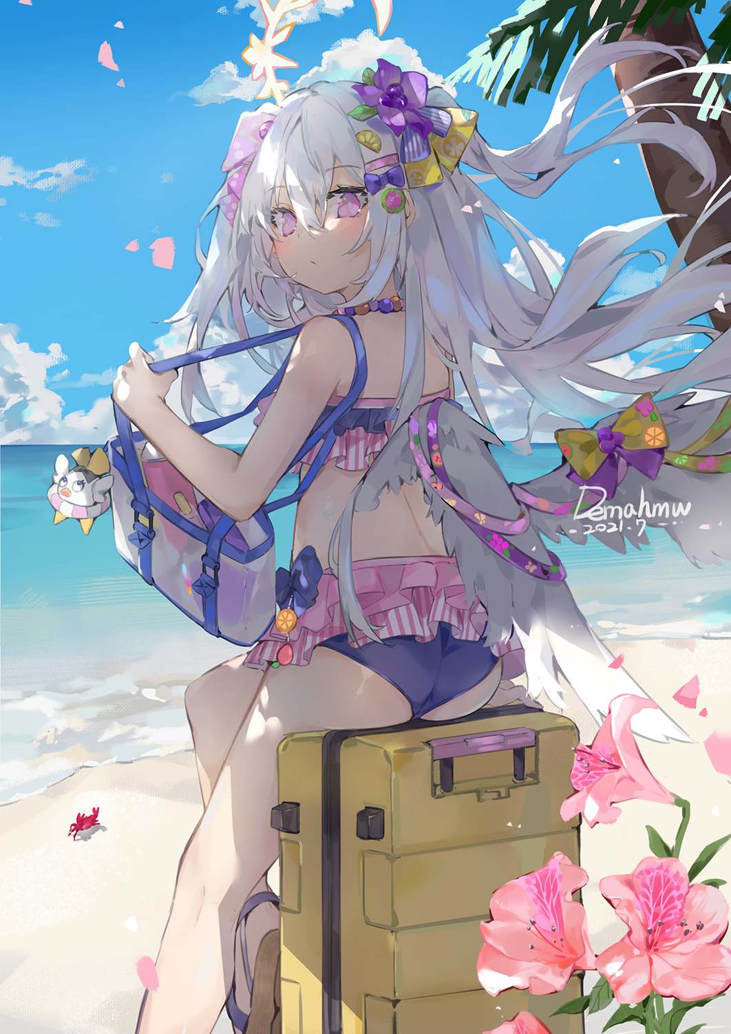 artist_name ass azusa_(blue_archive) bag beach blue_archive clouds dema_hmw flower hair_between_eyes hair_ornament halo highres looking_at_viewer ocean palm_tree sand silver_hair sitting sky swimsuit tree violet_eyes wings