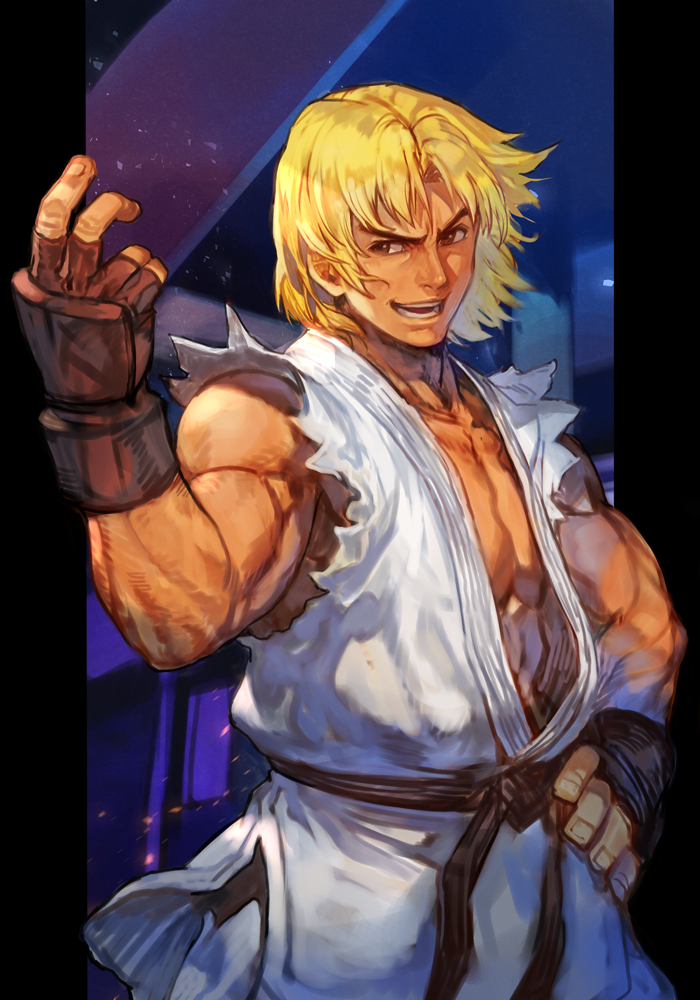 1boy :d black_gloves black_sash blonde_hair brown_eyes copyright_request cowboy_shot fingerless_gloves gloves hand_on_hip hankuri hankuri looking_at_viewer male_focus medium_hair open_mouth pillarboxed sash smile smug solo torn_clothes torn_sleeves