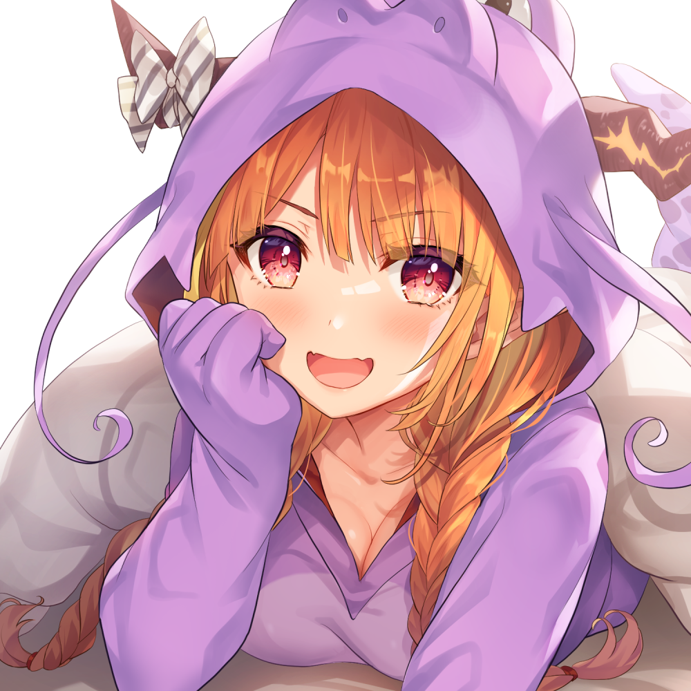 1girl :d animal_costume bangs bow braid commentary_request dragon_costume dragon_girl dragon_hood dragon_horns eyebrows_visible_through_hair fangs hololive hood hood_up horn_bow horn_ornament horns kiryu_coco looking_at_viewer open_mouth orange_hair otosume_ruiko skin_fangs smile solo twin_braids violet_eyes virtual_youtuber