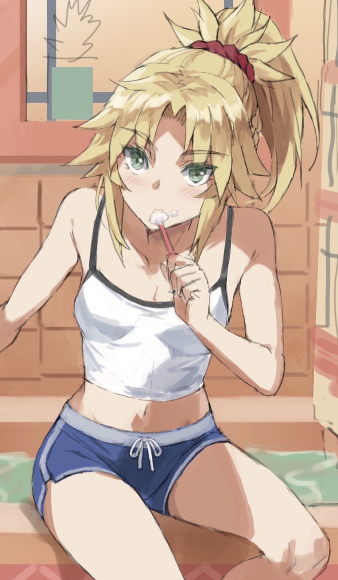 1girl bangs blonde_hair braid breasts fate/apocrypha fate_(series) french_braid green_eyes hair_ornament hair_scrunchie highres long_hair looking_at_viewer mordred_(fate) mordred_(fate)_(all) parted_bangs ponytail scrunchie sidelocks small_breasts solo tonee