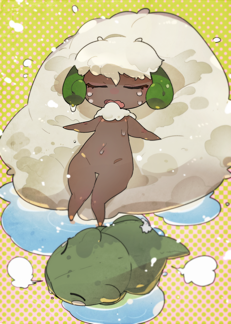 blush flying_sweatdrops gen_5_pokemon halftone highres kuroi_moyamoya no_humans nose_blush pokemon pokemon_(creature) pokemon_move solo substitute_(pokemon) thigh_gap whimsicott yellow_background