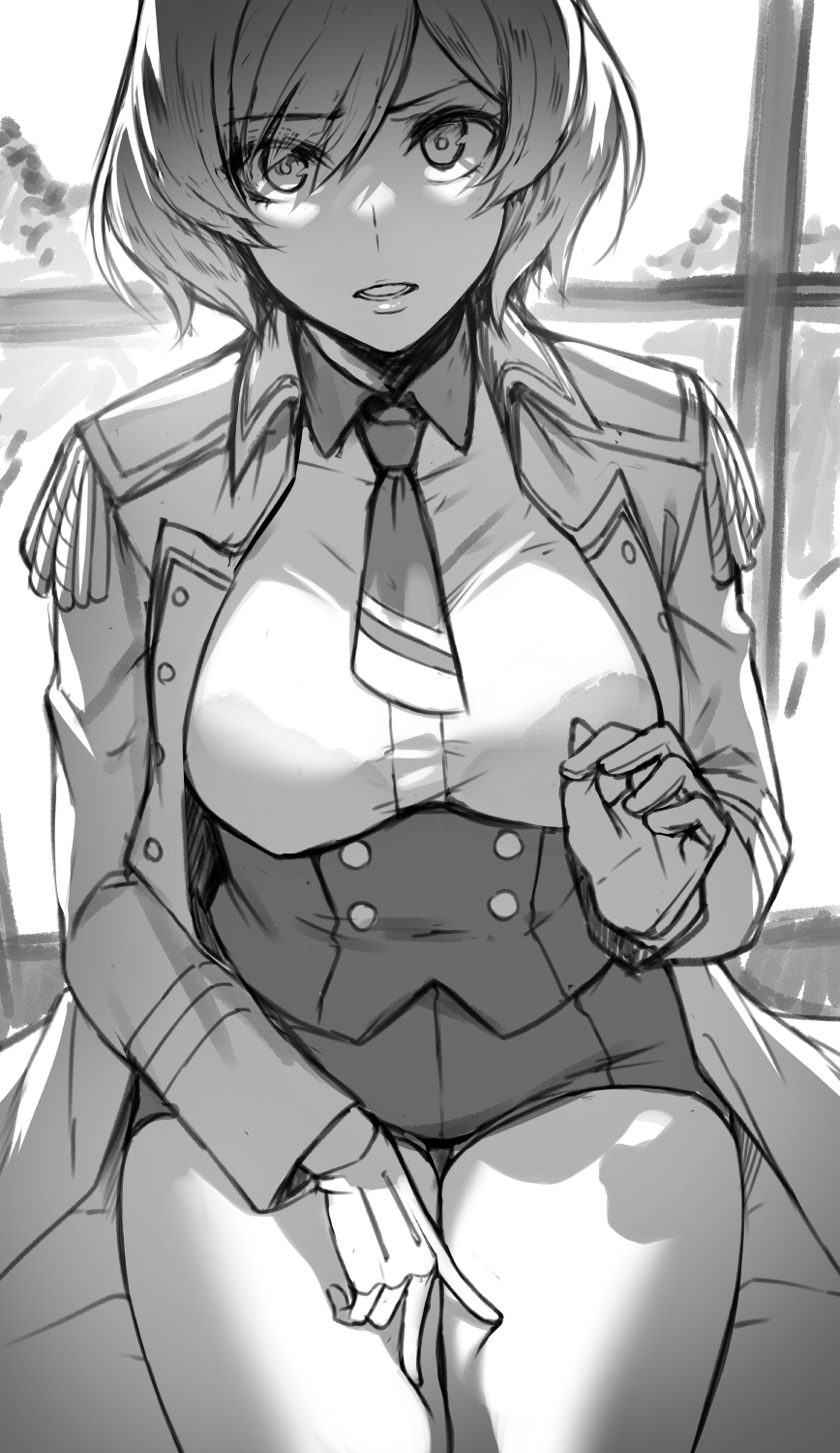 1girl bra_through_clothes breasts deras epaulettes gloves greyscale gridman_universe highres jacket looking_at_viewer monochrome mujina necktie open_clothes open_jacket short_hair shorts ssss.dynazenon thighs