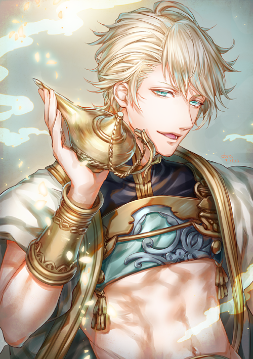 1boy abs ahoge aladdin_(sinoalice) aqua_eyes arabian_clothes armor blonde_hair breastplate dr. happy holding jewelry lamp looking_at_viewer male_focus midriff open_mouth short_hair signature sinoalice solo