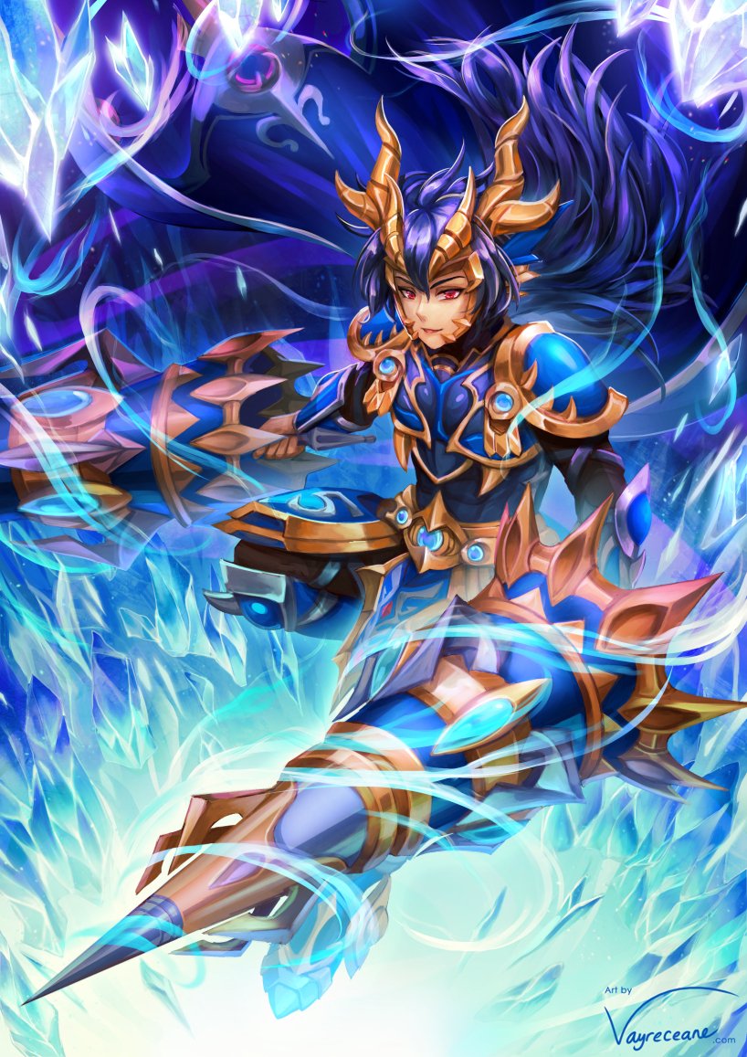 armor armored_boots blue blue_eyes boots brave_frontier cape crown gauntlets holding holding_weapon ice lance polearm raydn red_eyes spear vayreceane weapon