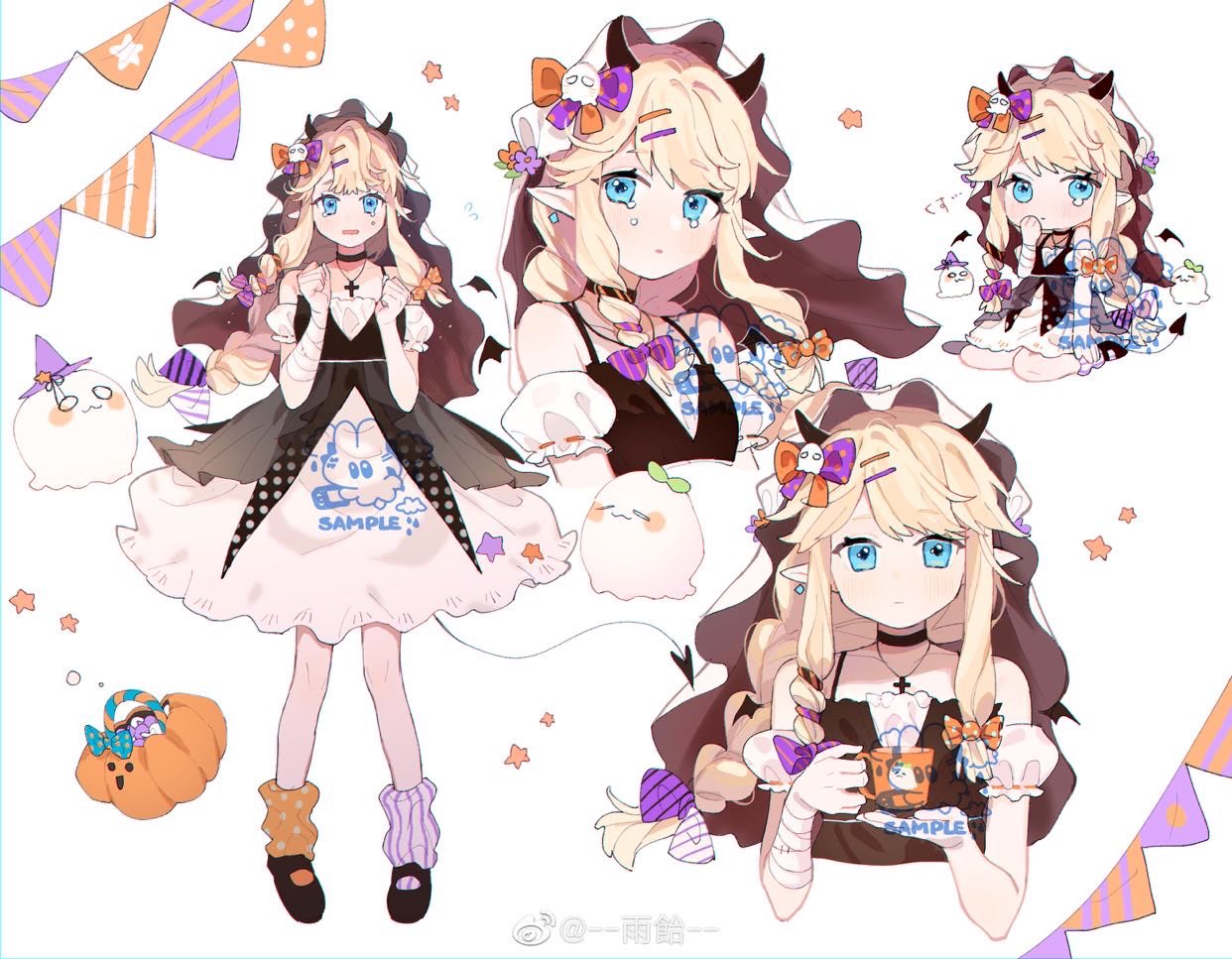 ame_ame bandages blonde_hair blue_eyes braid braided_ponytail brown_footwear chibi closed_mouth crying demon_tail detached_sleeves full_body hair_ornament hairclip loose_socks open_mouth original pointy_ears tail tears watermark