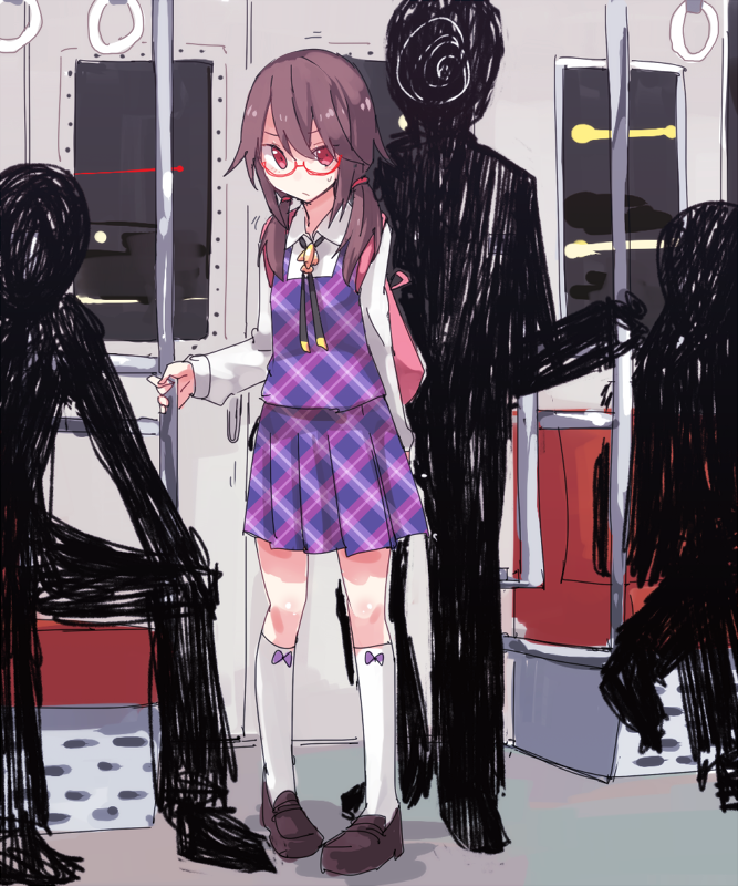 1girl 3others androgynous backpack bag brown_hair city_lights glasses indoors loafers multiple_others nervous no_hat no_headwear quimbaya_airplane school_uniform seat shiroshi_(denpa_eshidan) shoes short_twintails silhouette sitting socks standing thigh-highs touhou train_interior twintails usami_sumireko