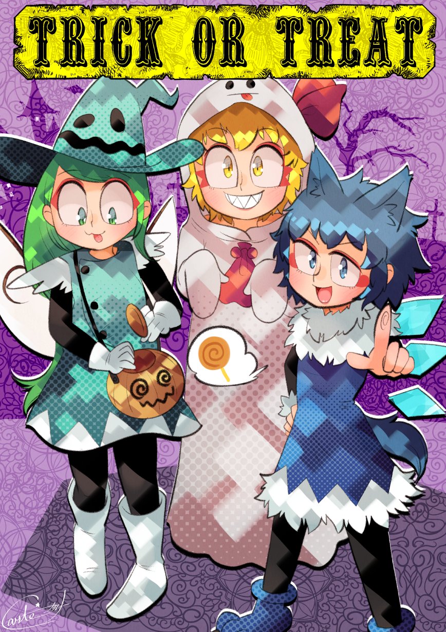 3girls animal_ears ascot black_legwear blonde_hair blue_eyes blue_footwear blue_hair bow candy carte cirno daiyousei dress food fur_trim ghost_costume green_eyes green_hair hair_bow halloween highres ice ice_wings lollipop looking_at_viewer multiple_girls rumia sharp_teeth tail teeth touhou white_footwear wings yellow_eyes