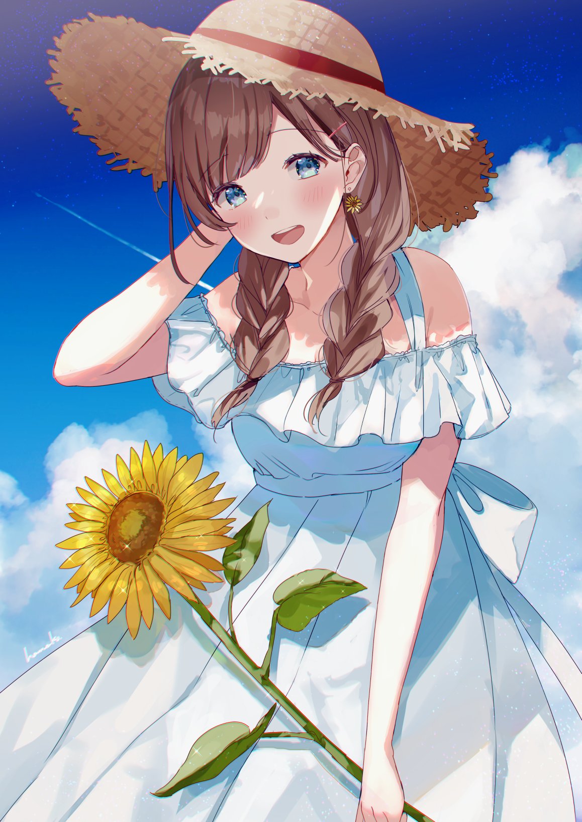 1girl :d bare_shoulders blue_sky blush braid brown_eyes brown_hair clouds collarbone condensation_trail dress earrings flower frilled_dress frills hanako151 hand_in_hair hand_up hat highres holding holding_flower jewelry leaning_forward long_hair looking_at_viewer open_mouth original outdoors sky sleeveless sleeveless_dress smile solo standing sun_hat sundress sunflower twintails white_dress yellow_flower