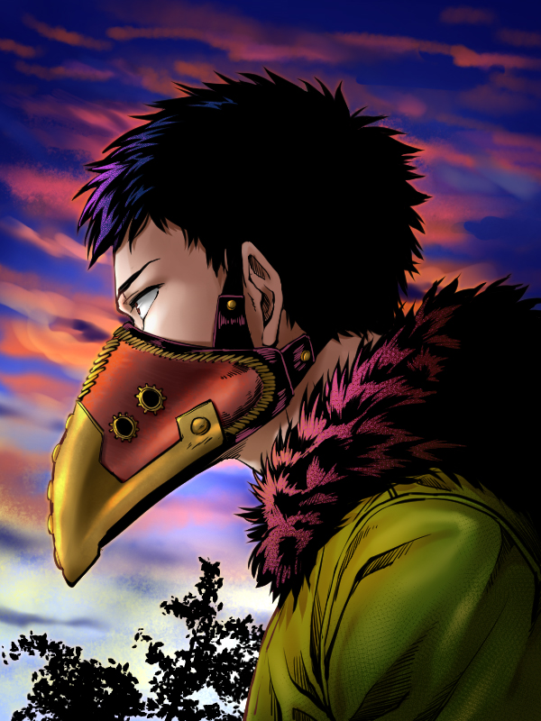 1boy black_hair boku_no_hero_academia chisaki_kai clouds commentary_request earrings from_side fur-trimmed_jacket fur_trim green_jacket jacket jewelry male_focus outdoors plague_doctor_mask short_hair sky solo tonomayo tree upper_body