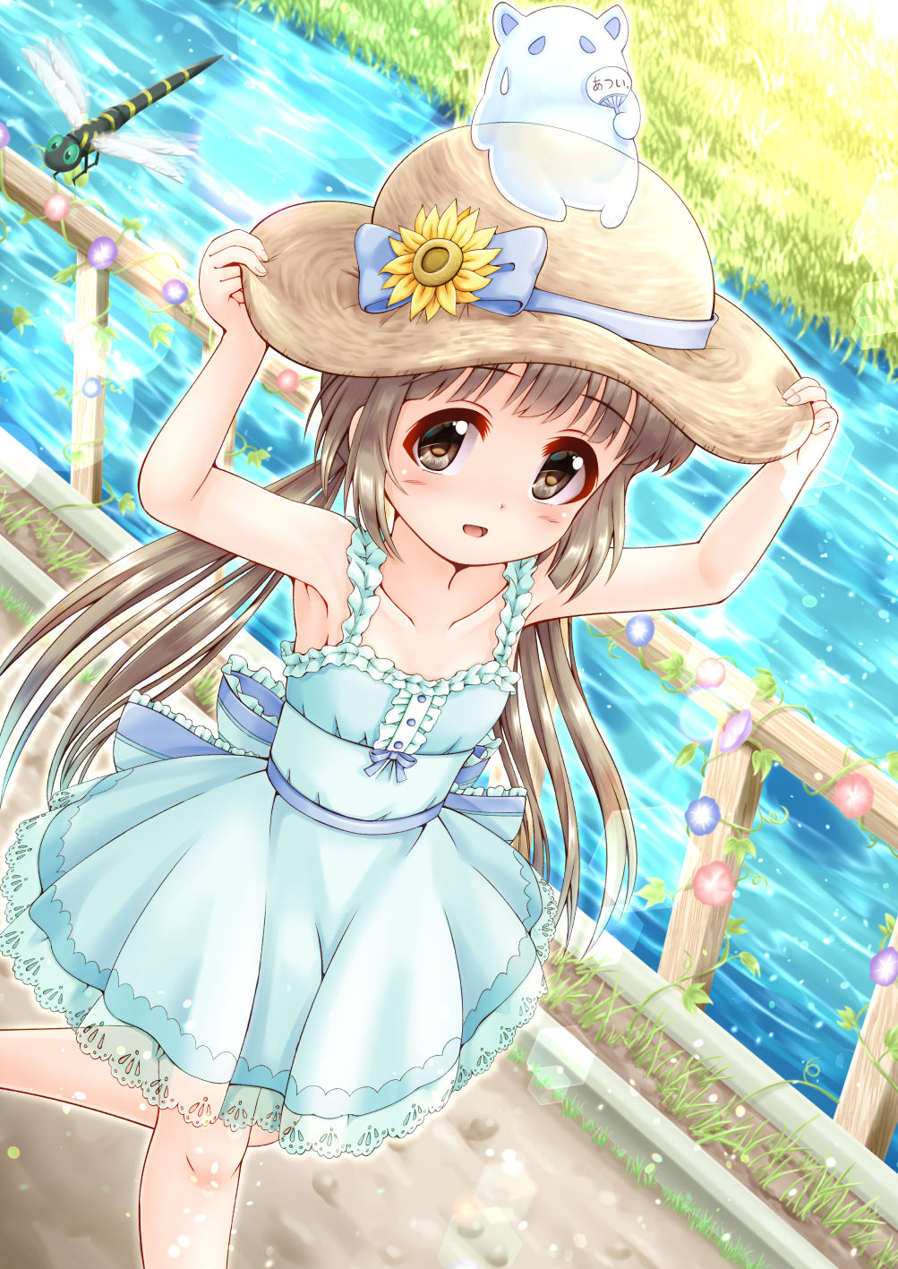 1girl :d animal armpits arms_up bare_arms bare_shoulders blue_bow blue_dress blush bow brown_eyes brown_hair bug center_frills collarbone commentary_request day dragonfly dress fan flower frilled_dress frills hands_on_headwear hat hat_bow hat_flower highres idolmaster idolmaster_cinderella_girls insect long_hair looking_at_viewer low_twintails open_mouth outdoors paper_fan pink_flower pleated_skirt purple_flower railing regular_mow river skirt sleeveless sleeveless_dress smile solo sweatdrop twintails uchiwa very_long_hair walking yellow_flower yorita_yoshino