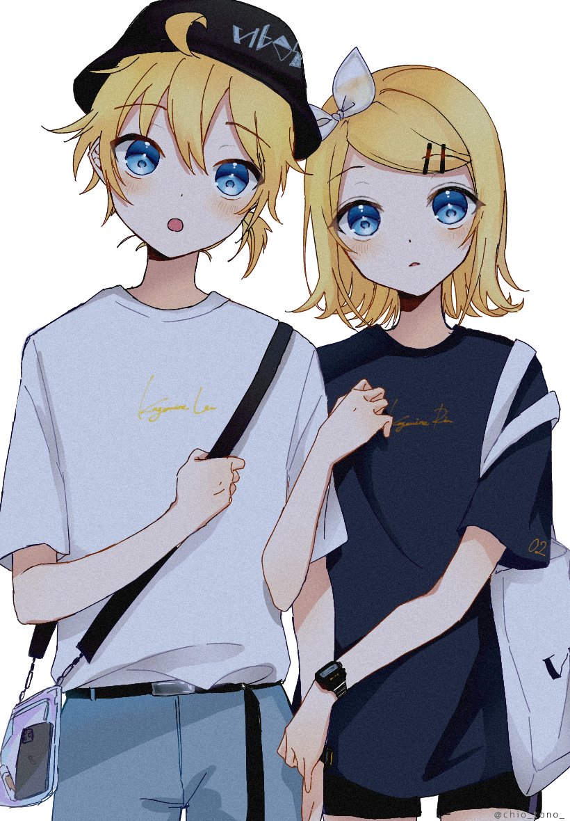 :o bag belt bike_shorts black_headwear black_shirt black_shorts blonde_hair blue_eyes bucket_hat character_name clothes_writing commentary cowboy_shot cursive denim hat jeans kagamine_len kagamine_rin locked_arms looking_up open_mouth pants phone pouch shirt short_hair short_ponytail shorts shoulder_bag side-by-side standing t-shirt tono_kabeuchi vocaloid watch watch white_shirt